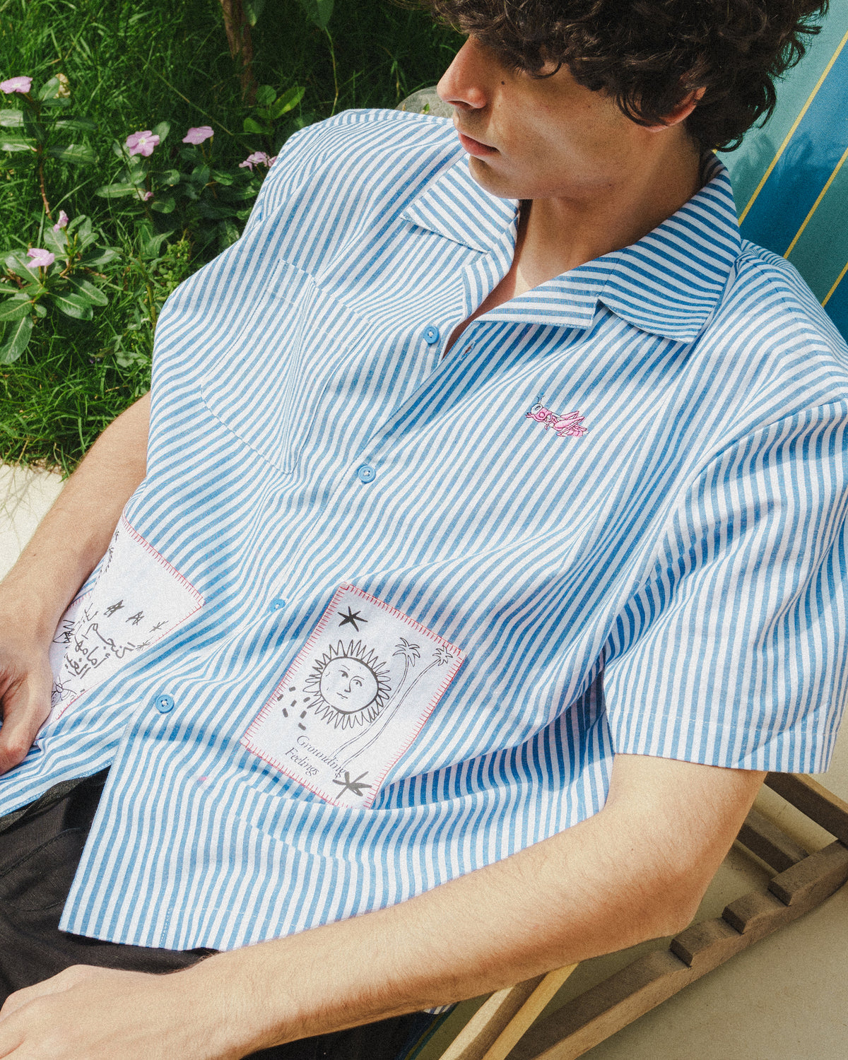 Blue and White striped T-Shirt - Like a star in the night, before which flocks of clouds drift by