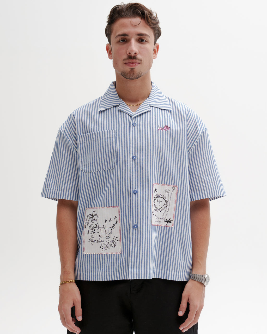Blue and White striped T-Shirt - Like a star in the night, before which flocks of clouds drift by
