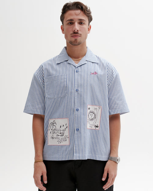 Blue and White striped T-Shirt - Like a star in the night, before which flocks of clouds drift by
