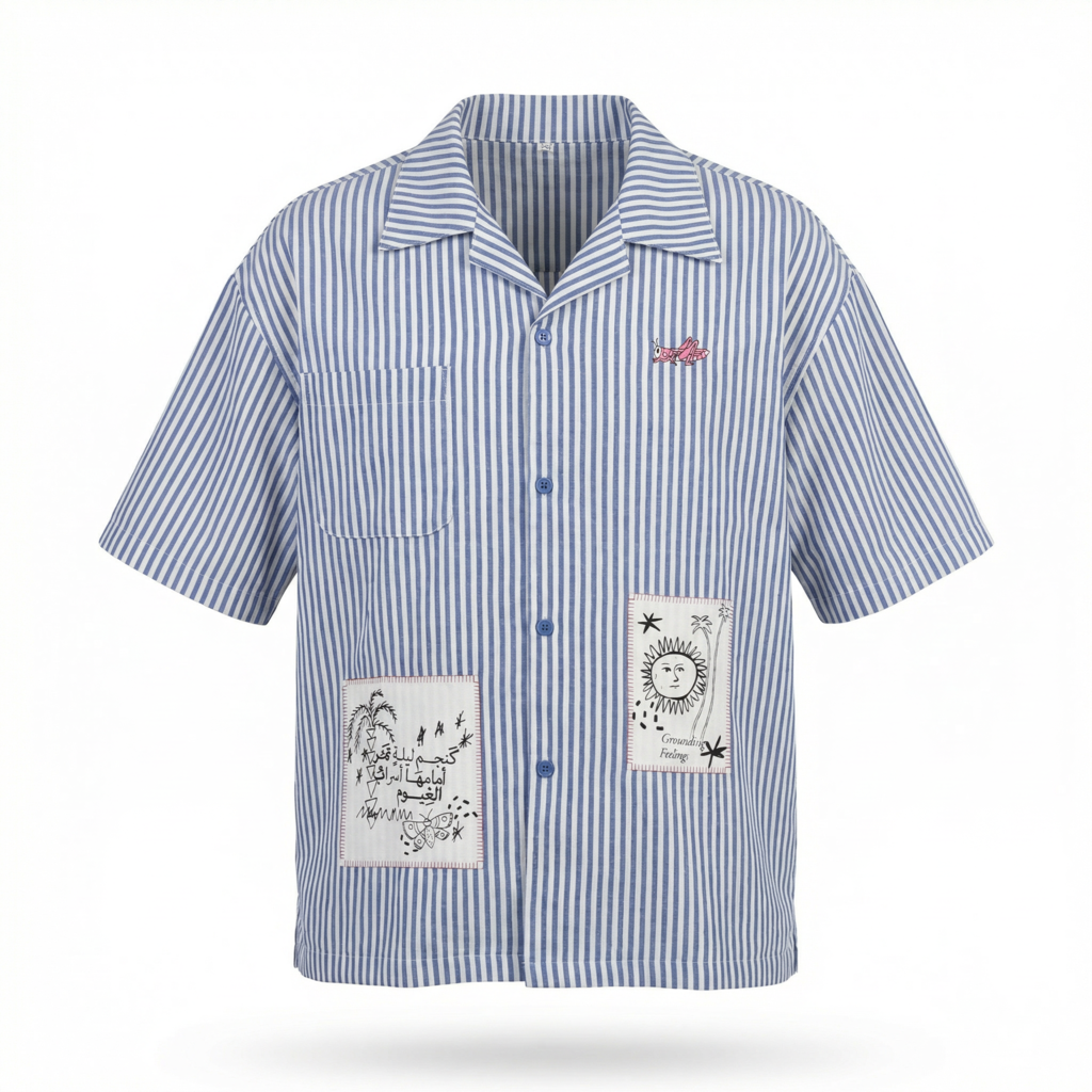 Blue and White striped T-Shirt - Like a star in the night, before which flocks of clouds drift by