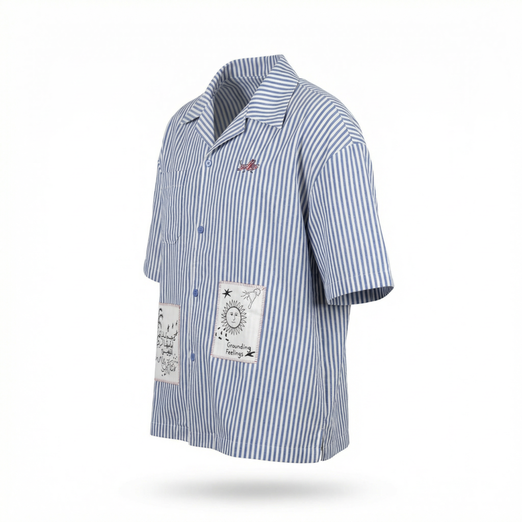Blue and White striped T-Shirt - Like a star in the night, before which flocks of clouds drift by